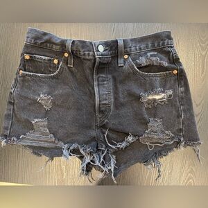Levi’s Premium Black 501 Denim Shorts W29-Distressed High Rise Cut Off